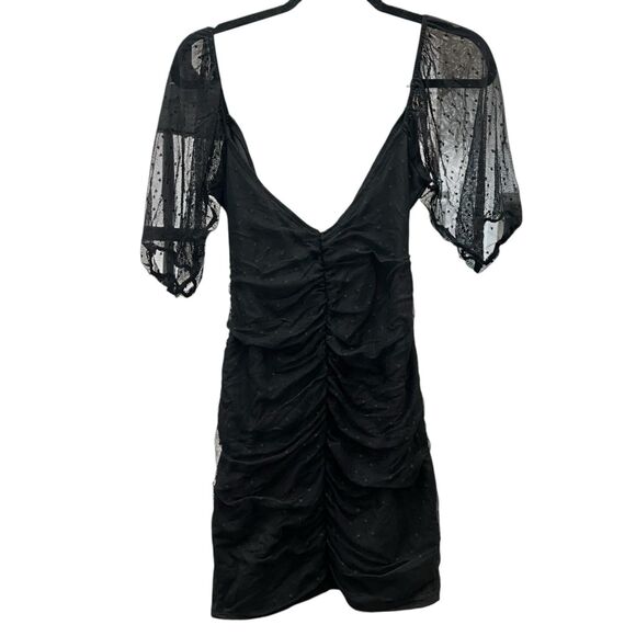 ASOS Design Size 4 Mini Dress Black Polka Dot Ruched Puff Sleeve Mesh V-Neck - Picture 3 of 8